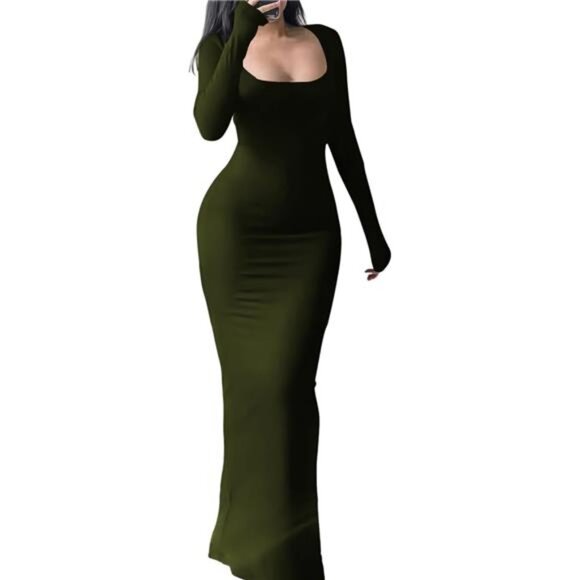 Women's Bodycon Maxi Dress Long Sleeve Dark Green - Picture 1 of 5